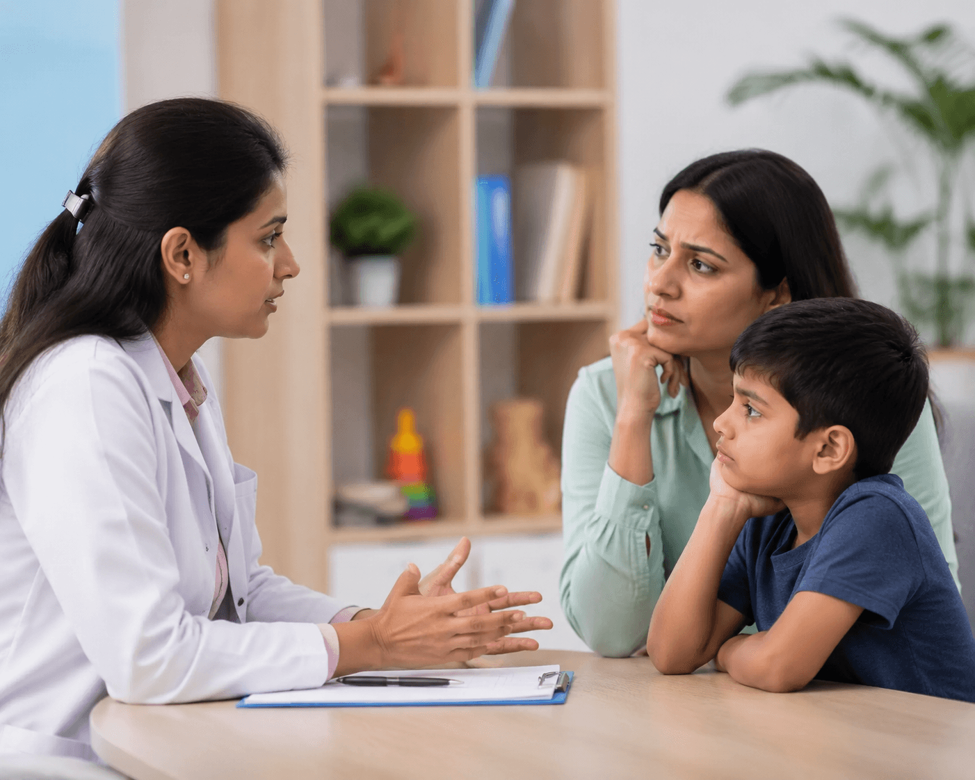 B Homeo doctor supporting a child during a consultation