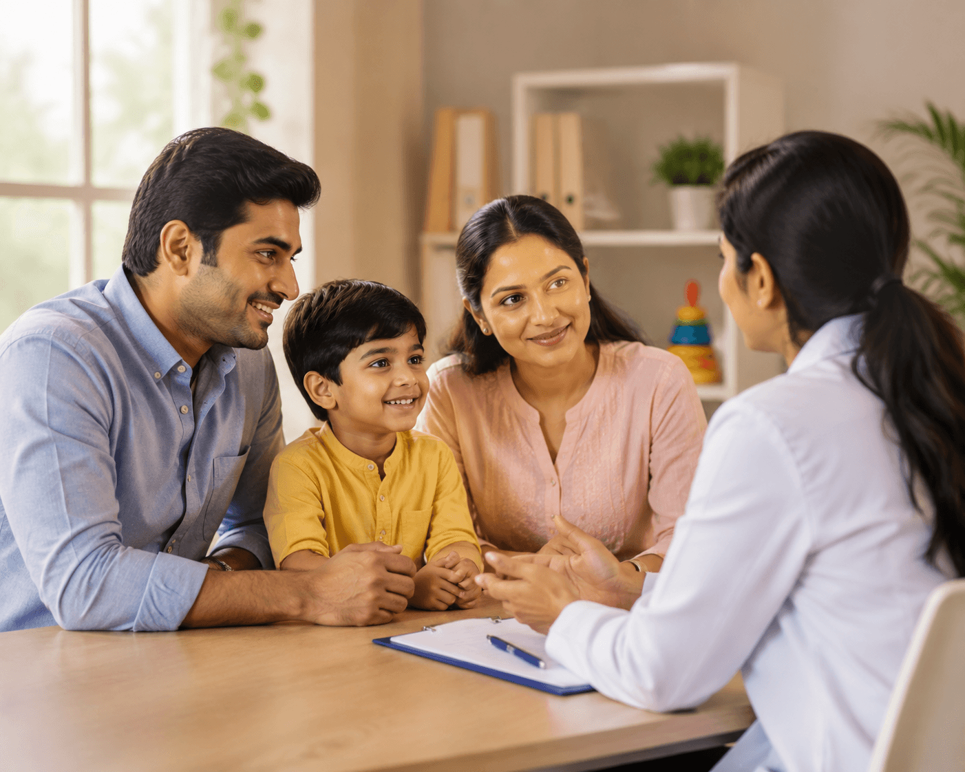 B Homeo doctor supporting a child during a consultation